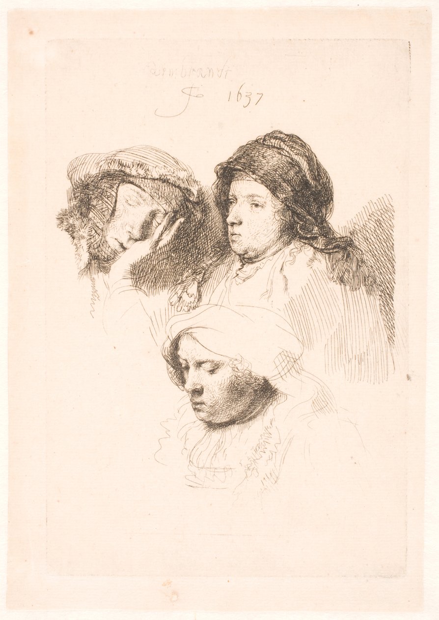 Trois têtes de femmes, une endormie - Rembrandt van Rijn