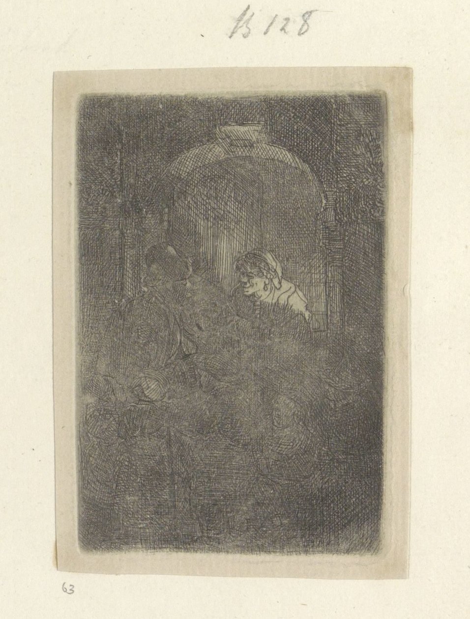 Femme dans une porte, parlant avec un homme avec des enfants (série: Recueil de quatre-vingt-cinq estampes originales) - Rembrandt van Rijn
