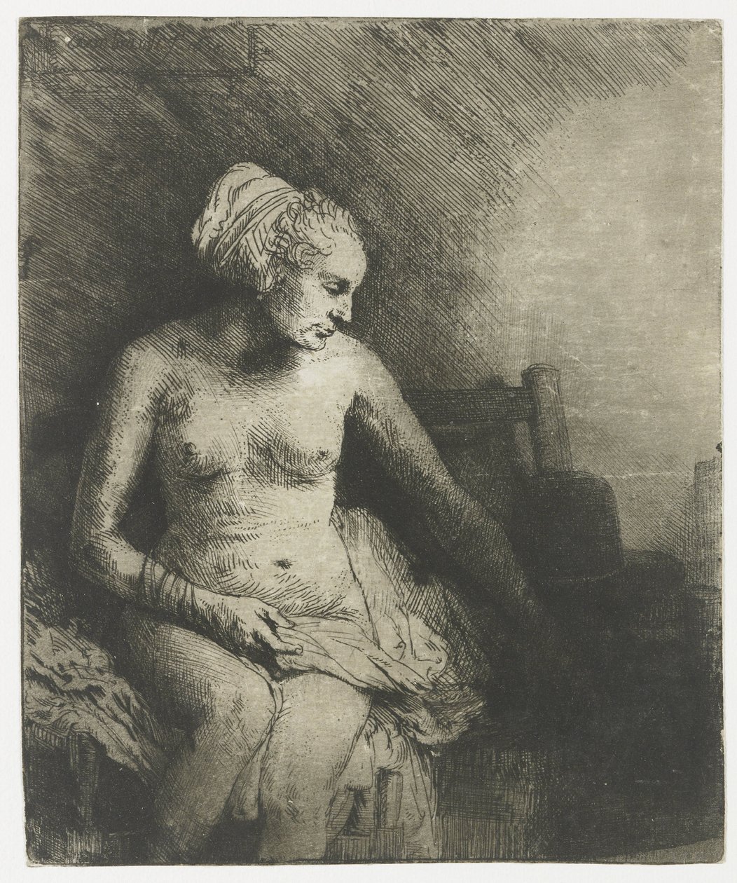 Femme au bain avec un chapeau à côté - Rembrandt van Rijn