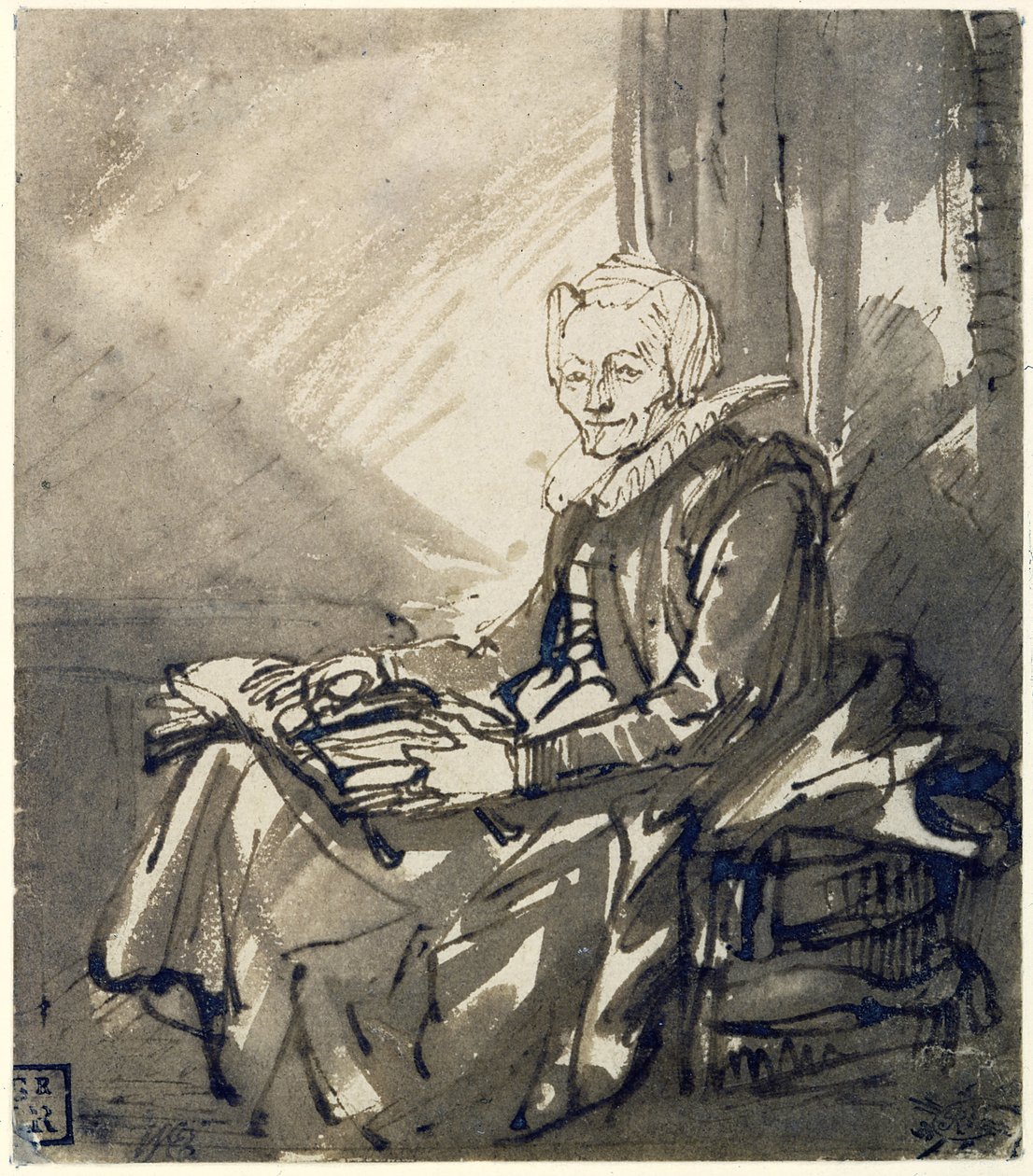 Femme avec un livre ouvert sur ses genoux, vers 1639 - Rembrandt van Rijn