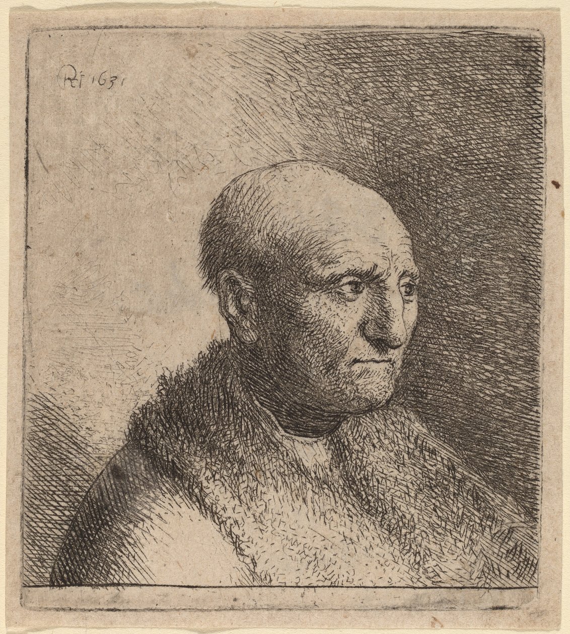 Homme chauve en manteau de fourrure - Rembrandt van Rijn and Studio of Rembrandt