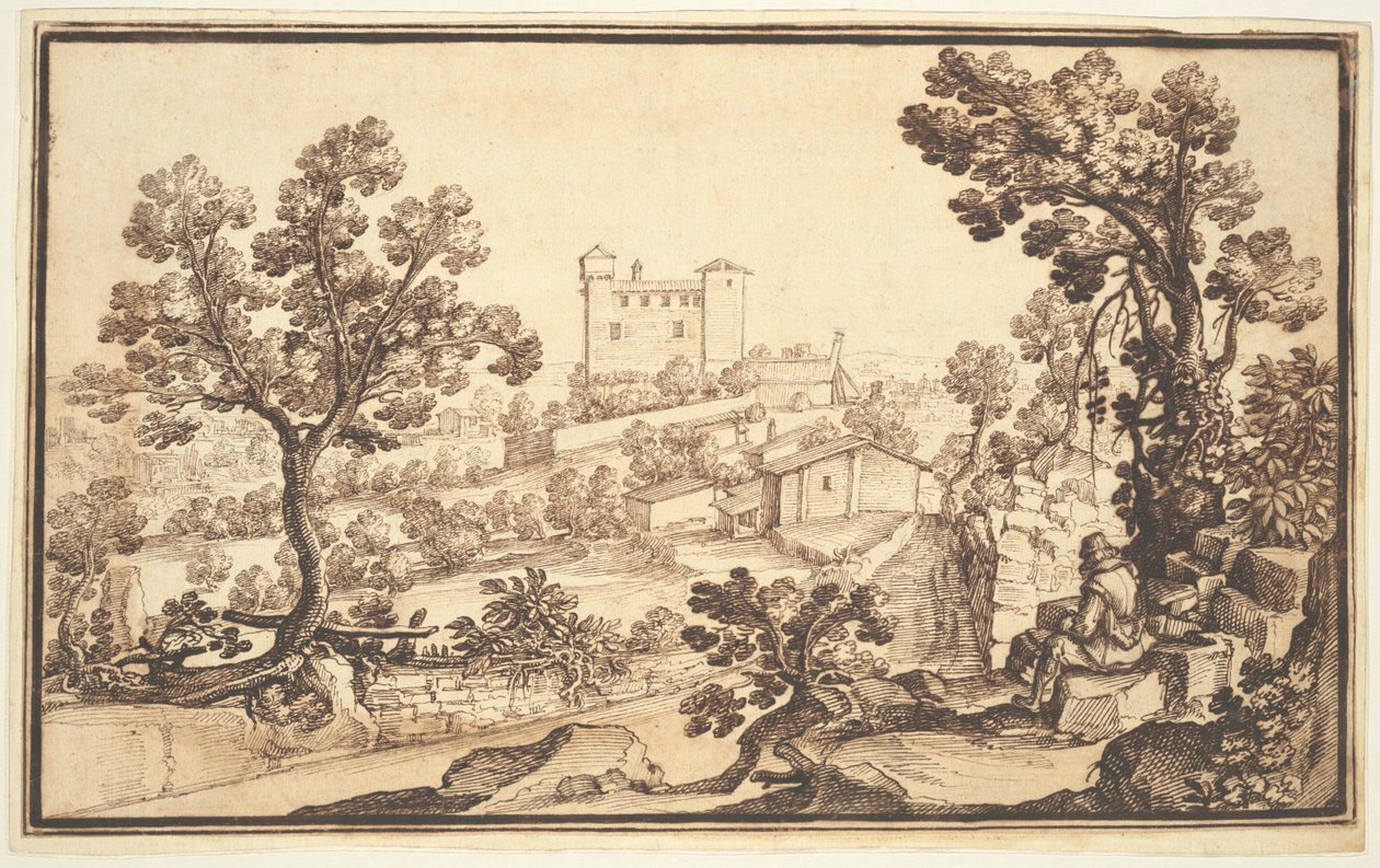 Paysage avec un homme se reposant, des fermes et un château - Remigio Cantagallina