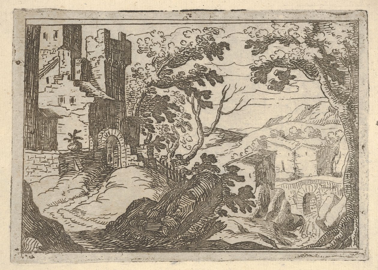 Paysage avec des bâtiments à gauche et un pont à droite en bas, ca. 1620-50 - Remigio Cantagallina