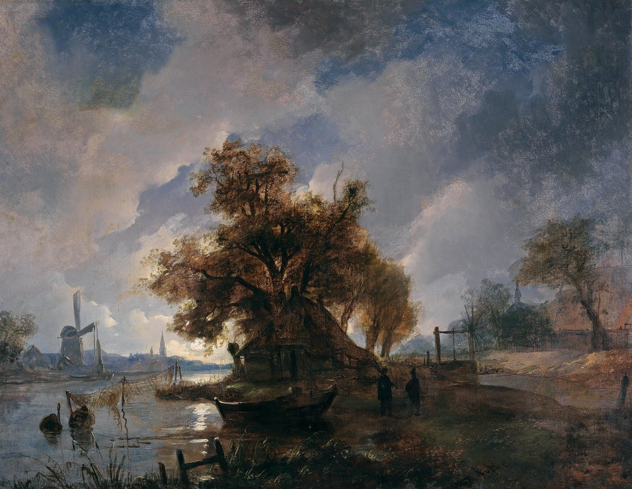 French : Paysage fluvial hollandais au clair de lune Dutch River Landscape in the Moonlight - Remigius Adrianus Haanen