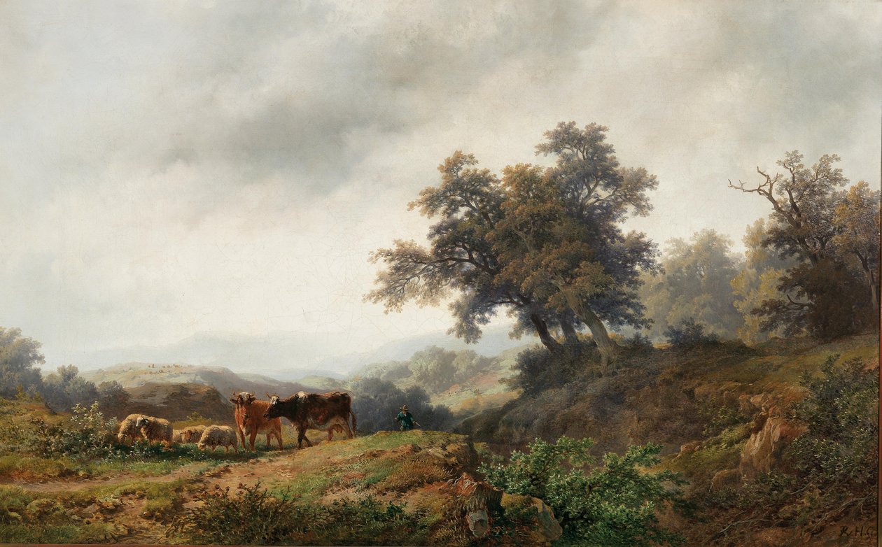 Paysage ouvert avec vaches et bergers - Remigius Adrianus Haanen