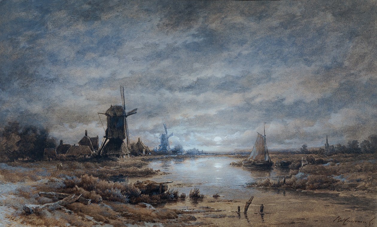 Nuit de lune (Paysage de canal avec moulins à vent et bateaux) - Remigius Adrianus van Haanen