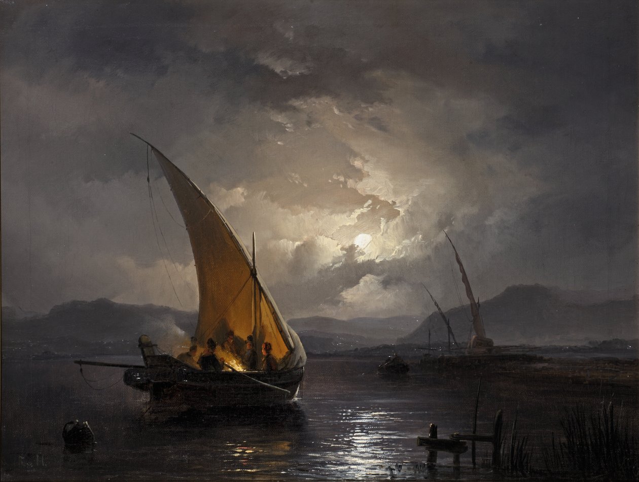 Paysage nocturne avec un voilier où un feu est allumé, après 1860 - Remigius van Haanen