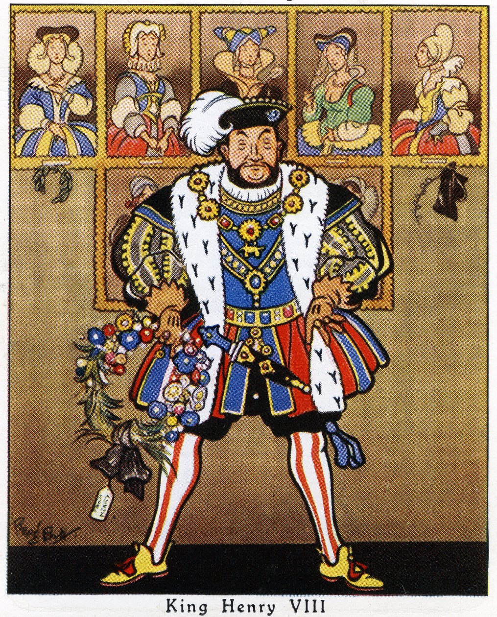 Le roi Henri VIII décorant les portraits de ses épouses avec du houx, du gui et une couronne pour Noël, 1936 - René Bull