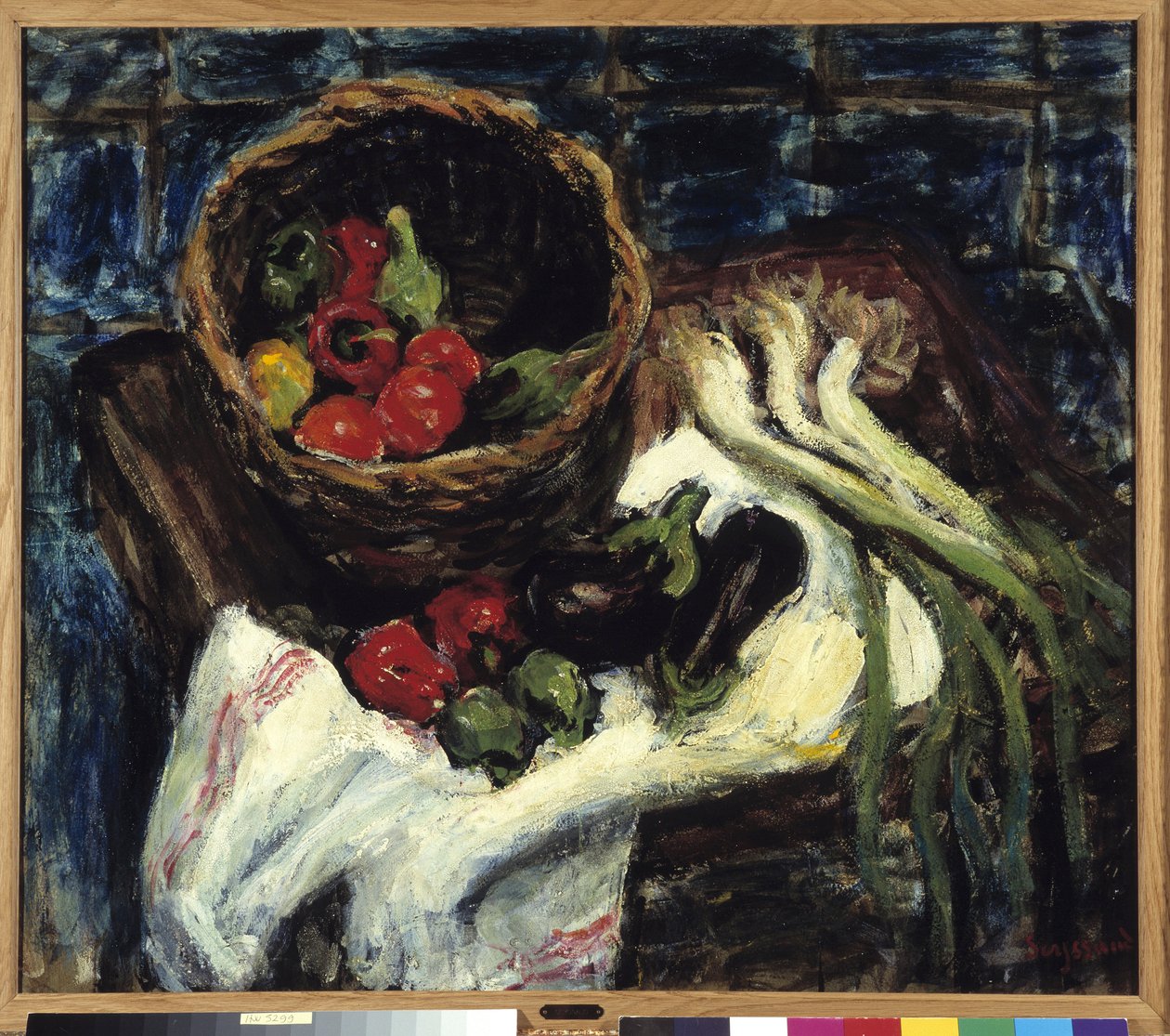 Nature morte dans un panier de légumes Poivrons, aubergine et poireaux - Rene Auguste Seyssaud