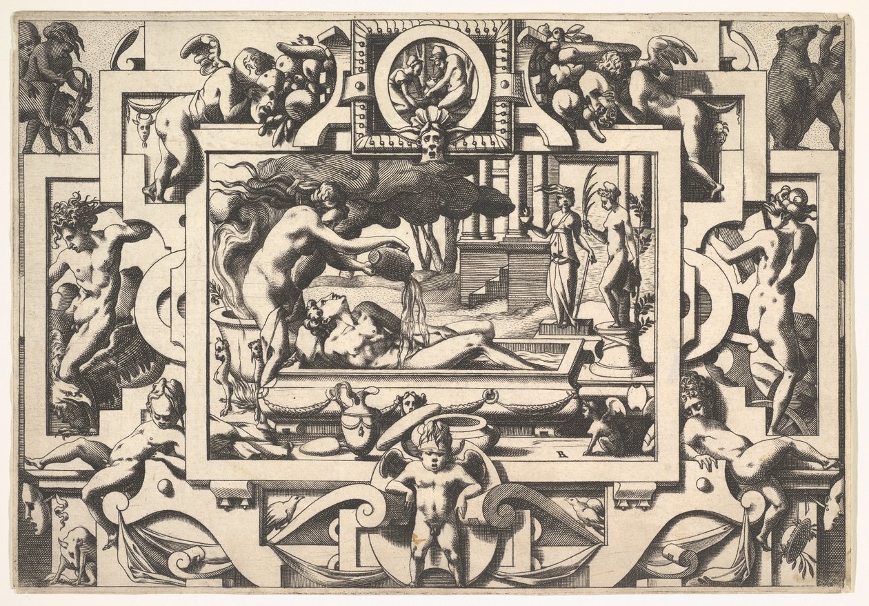 Médée verse une potion magique sur Jason Le roi Aeson tant caduque et chenu en une cuve elle..., 1563 - Rene Boyvin
