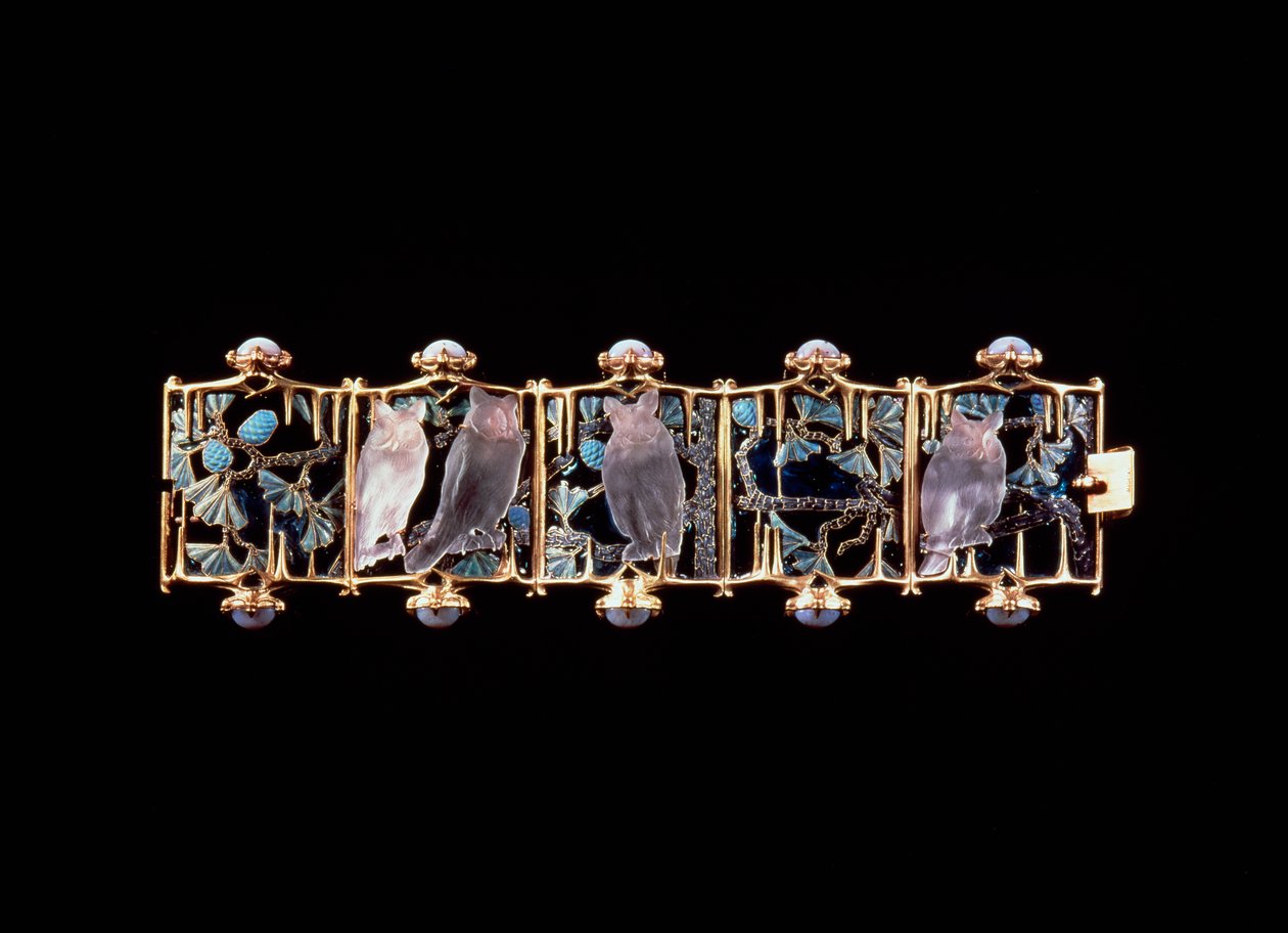 Bracelet avec hiboux et feuilles en or, verre, émail et calcédoine - Rene Jules Lalique