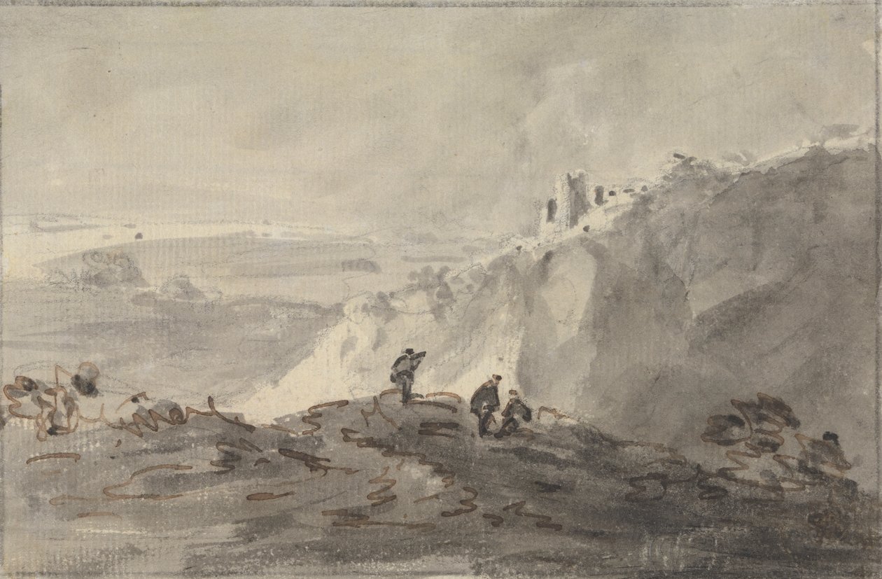 Trois figures dans un paysage vallonné avec des ruines, au-delà - Rev. William Gilpin