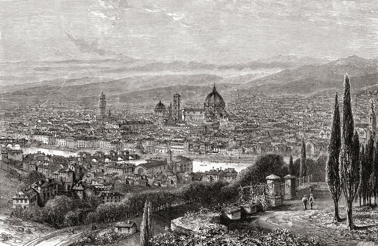 Vue de Florence, Toscane, Italie depuis la terrasse de San Miniato, à la fin du 19e siècle. Extrait de 
