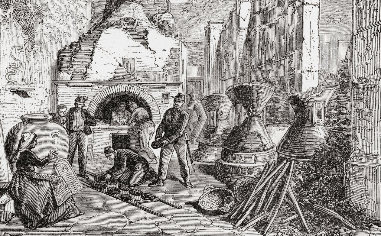 Four du boulanger, pain et moulins à farine découverts lors des fouilles de Pompéi, Naples, Italie à la fin du XIXe siècle. Extrait de 