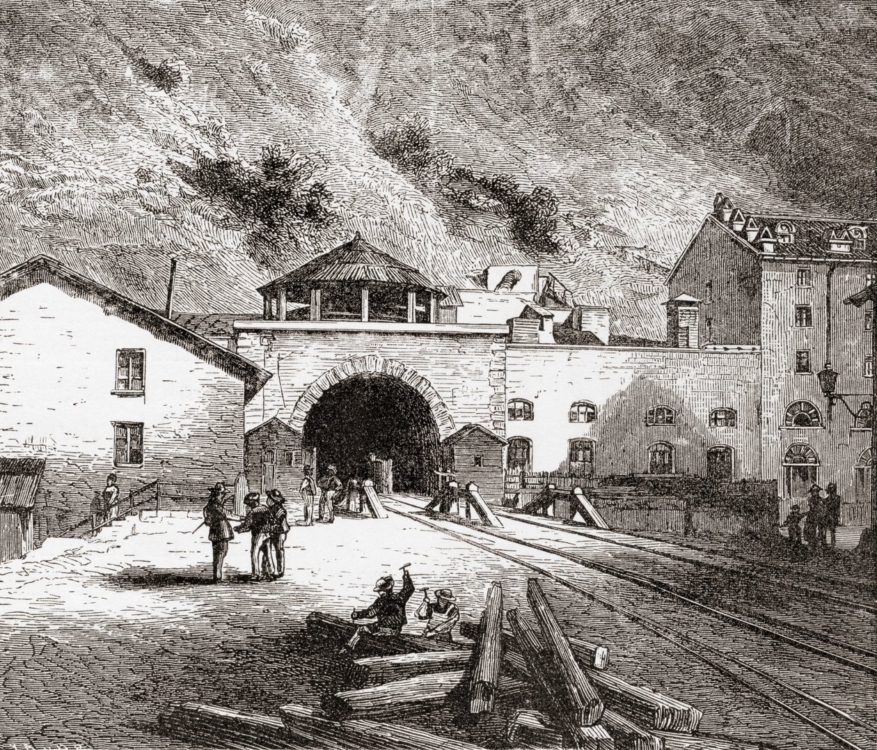 Le tunnel ferroviaire de Fréjus aussi appelé le tunnel du Mont Cenis, Alpes européennes, du côté italien à la fin du XIXe siècle. Tiré de 