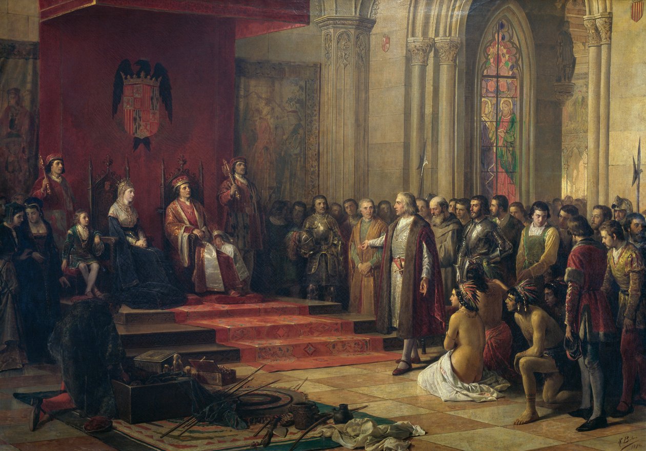 Christophe Colomb reçu par les rois catholiques à Barcelone à son retour de son premier voyage en Amérique, peinture de 1874 par Ricardo Balaca (1844-1880), huile sur toile - Ricardo Balaca y Canseco