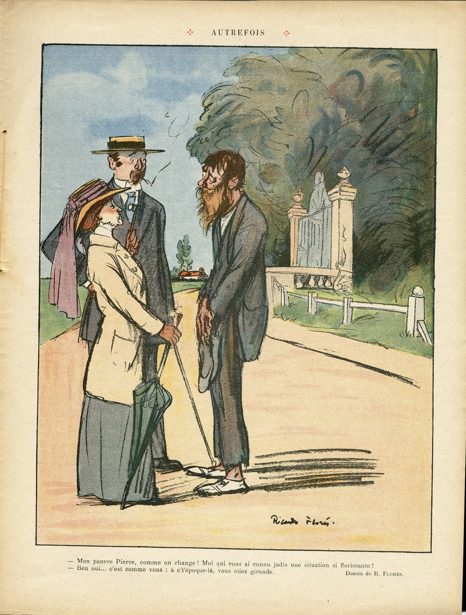 Illustration de Ricardo Flores (1878-1918) dans Le Lire, 01/06/12 - Autrefois - Campagne, Architecture urbaine, Misère, Vie des riches, Arbre - Femmes - Ricardo Flores