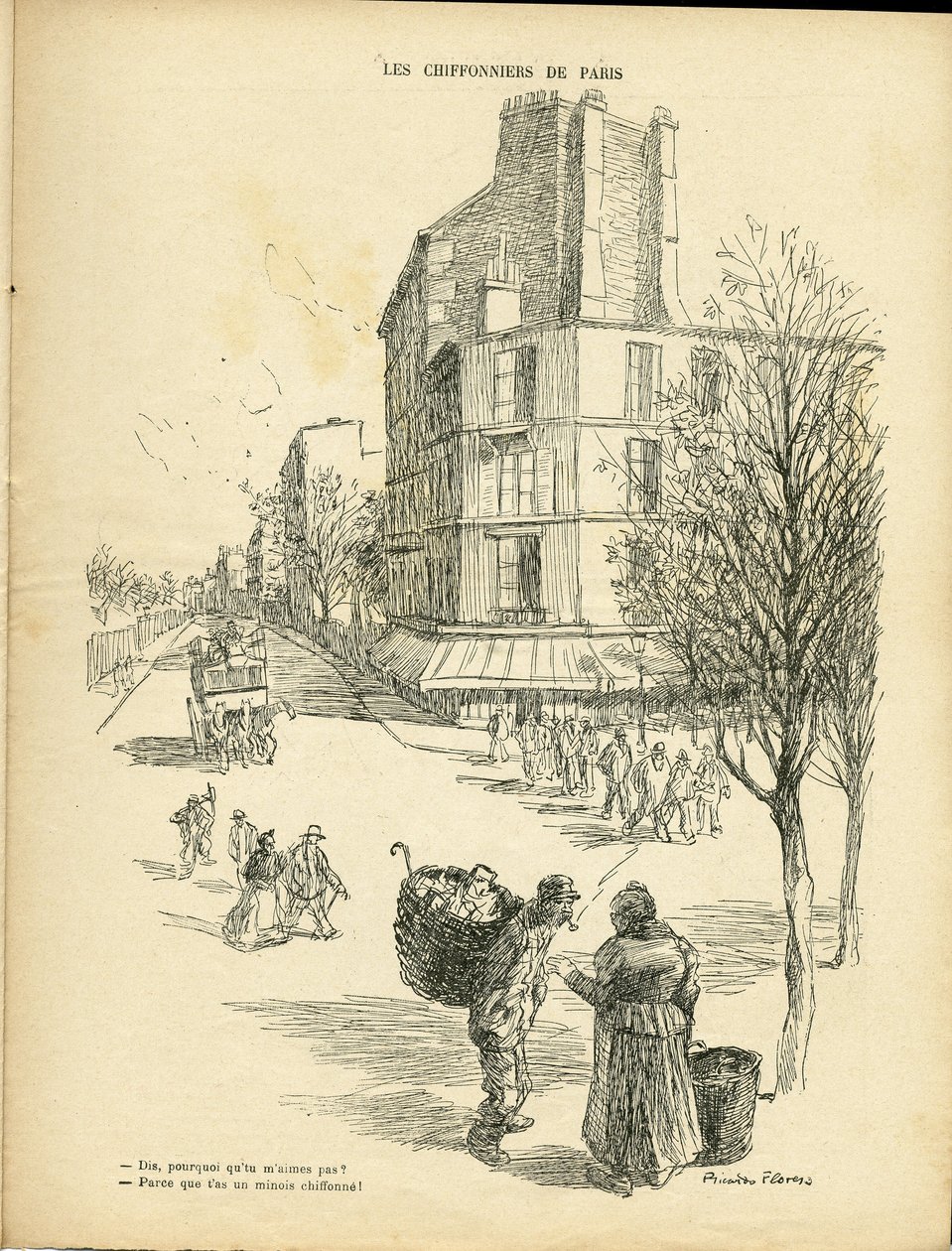 Illustration de Ricardo Flores (1878-1918) dans Le Rire, 05/12/08 - Les chiffonniers de Paris - Métiers, Architecture Urbanisme, Arbre - Chiffonniers - Ricardo Flores