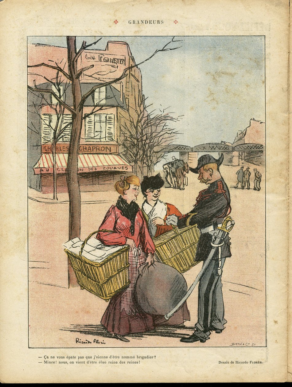 Illustration de Ricardo Flores (1878-1918) dans Le Rire, 29/02/08 - Grandeurs - Paris, Métiers, Architecture Urbanisme, Amour, Boutiques, Métro - Lavandières Blanchisseuses - Ricardo Flores