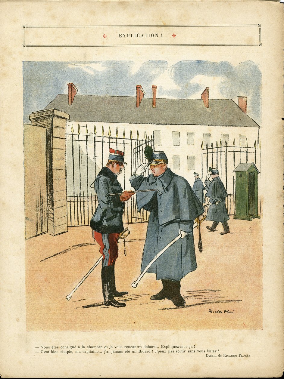 Illustration de Ricardo Flores (1878-1918) dans Le Lire, 23/04/10 - Explication - Armée, Casernes - Ricardo Flores