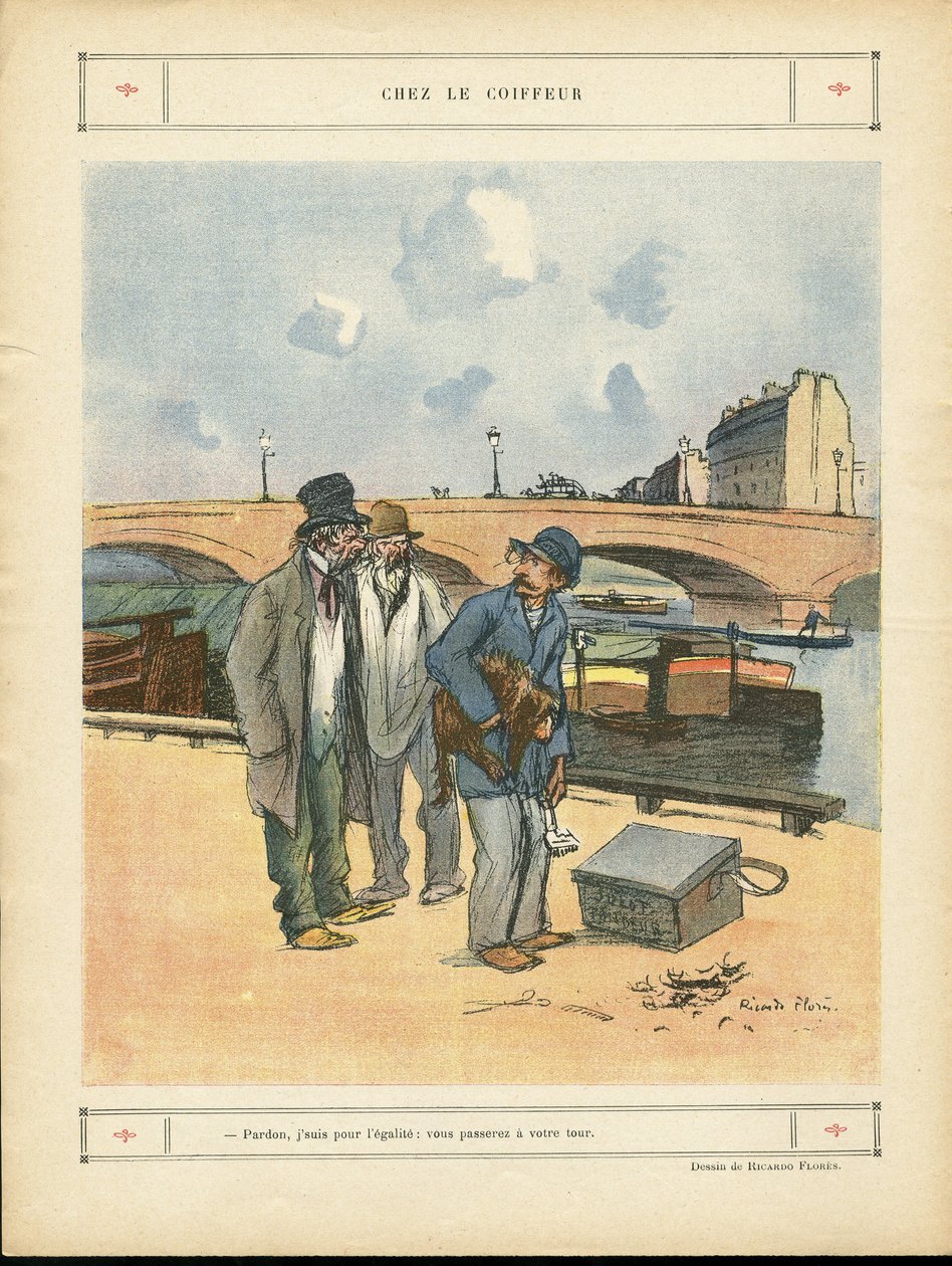 Illustration de Ricardo Flores (1878-1918) dans Le Rire, 05/10/12 - Chez le coiffeur - Paris, Métiers, Architecture Urbanisme, Pont, Rivière Fleuve - Chien, Coiffeur - Ricardo Flores
