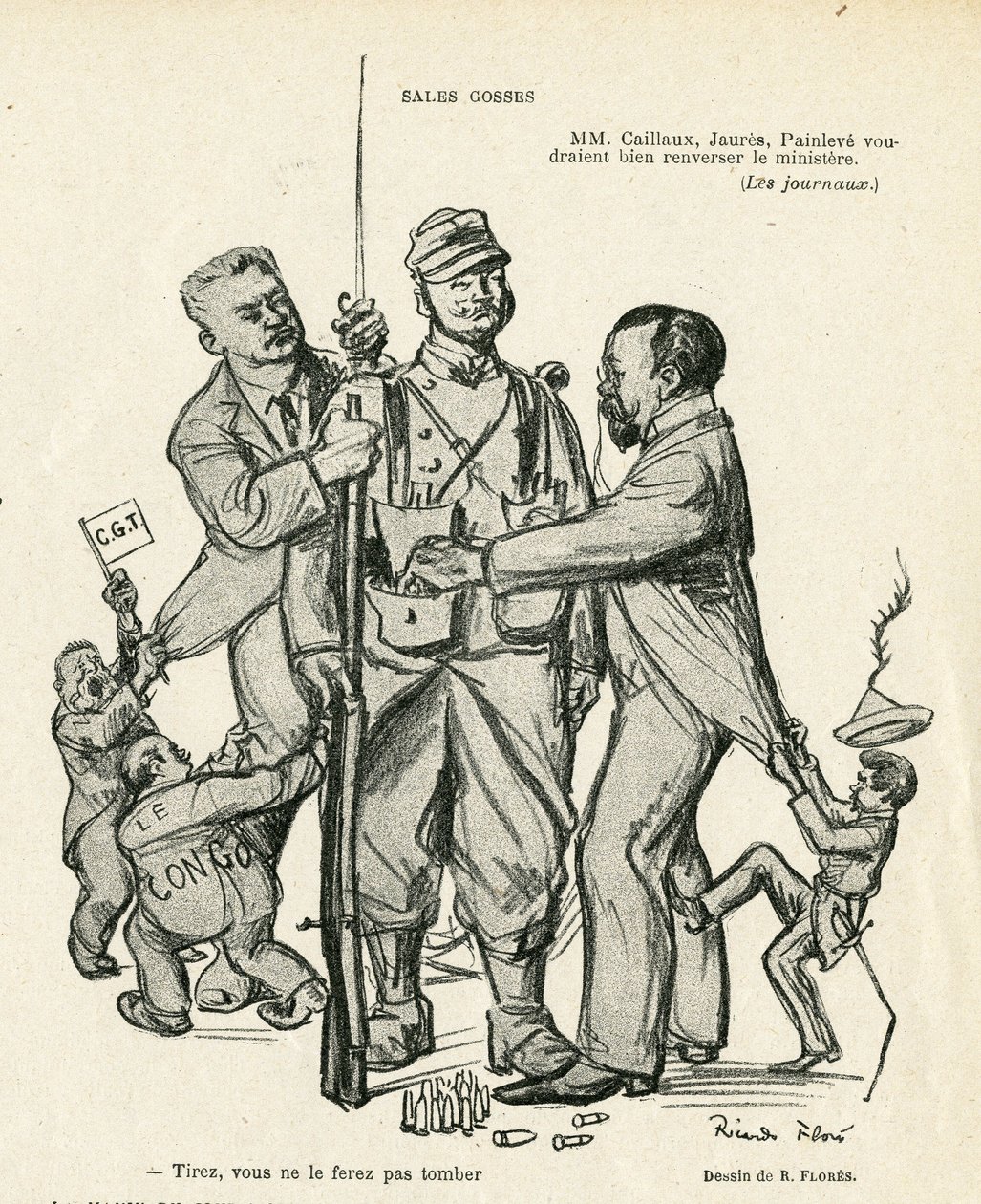 Illustration de Ricardo Flores (1878-1918) dans Le Rire, 21/06/13 - Sales gosses - Armée, Service militaire, Socialisme - Jaurès Jean, Caillaux Joseph (1863-1944), Painlevé Paul (1863-1933) - Ricardo Flores