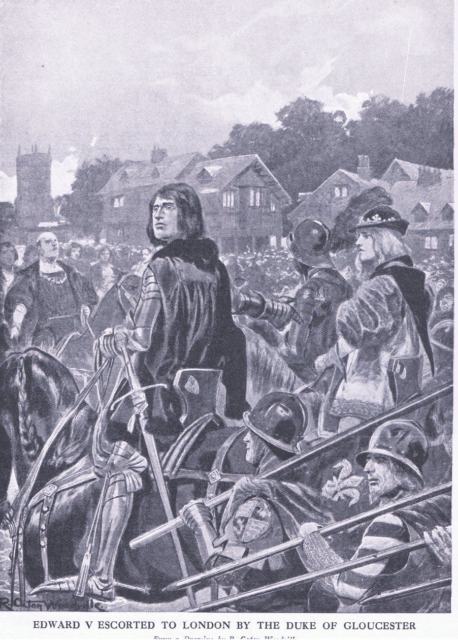 Édouard V escorté à Londres par le duc de Gloucester, de Cassells History of the British People publié par la Waverley Book Company Limited, vers 1940 - Richard Caton Woodville junior