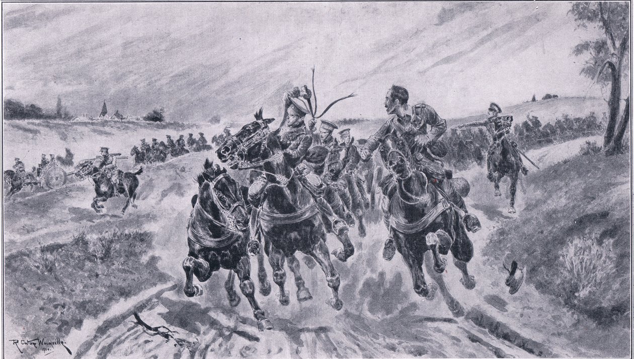 Artillerie britannique se mettant en position à la bataille de Mons, de "La Grande Guerre" The Amalgamated Press Limited, 1914 - Richard Caton Woodville