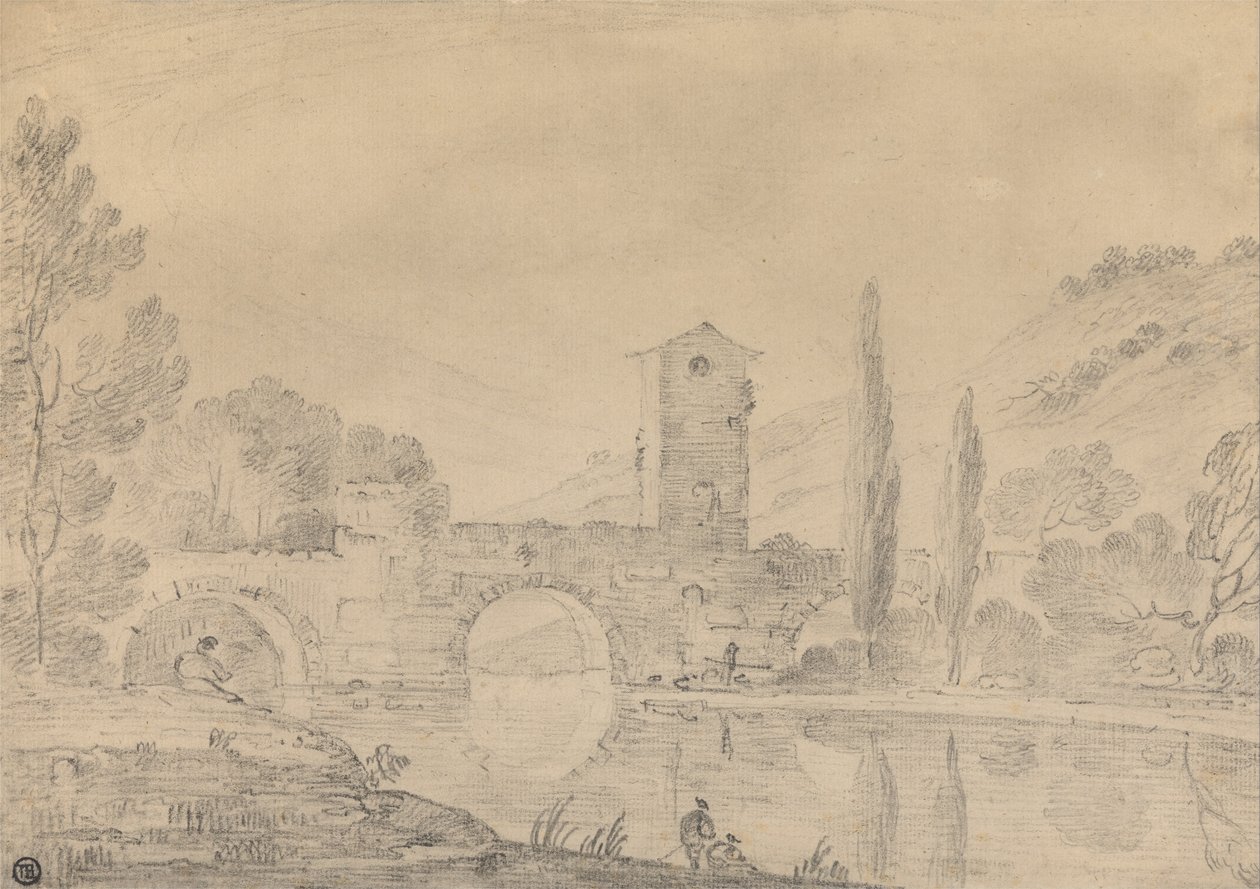 Paysage italien avec pont à trois arches, maison de pont, figures sur la rive proche et peupliers au loin - Richard Wilson