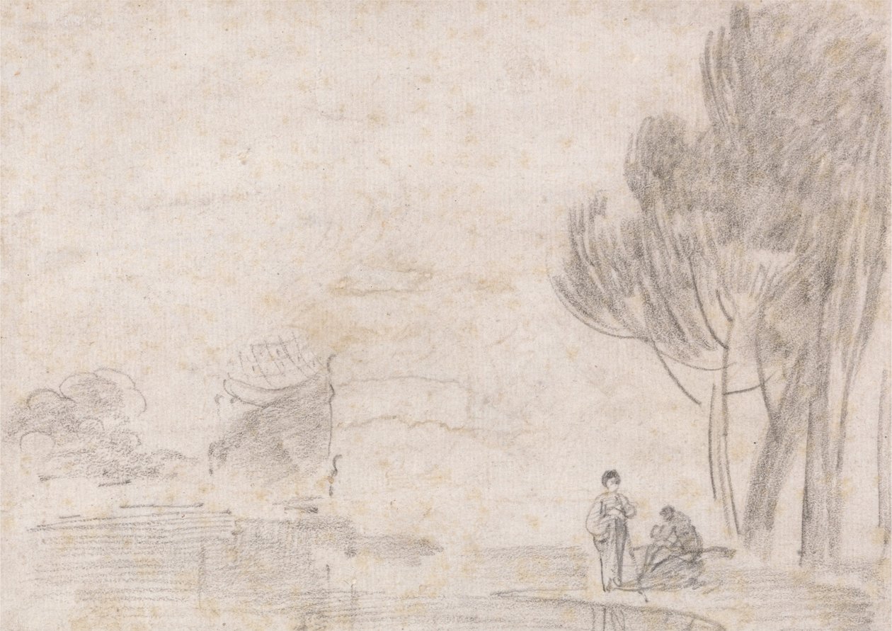 Temple ruiné de Minerve, deux figures sur la rive du fleuve - Richard Wilson