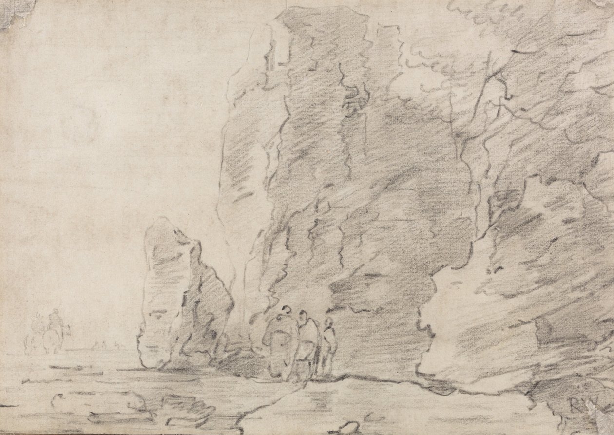 Trois figures debout près de falaises rocheuses, deux cavaliers au loin à gauche - Richard Wilson
