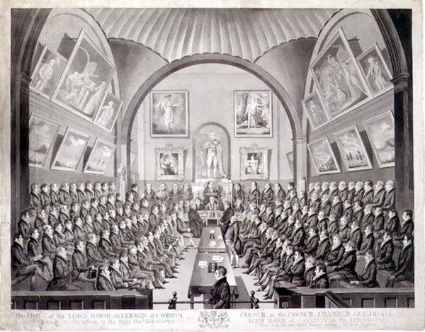 Le Lord Maire, les échevins et le conseil commun dans la salle du conseil du Guildhall, Londres, gravé par Thomas Sutherland, publié en 1825 - Richard (after) Dighton