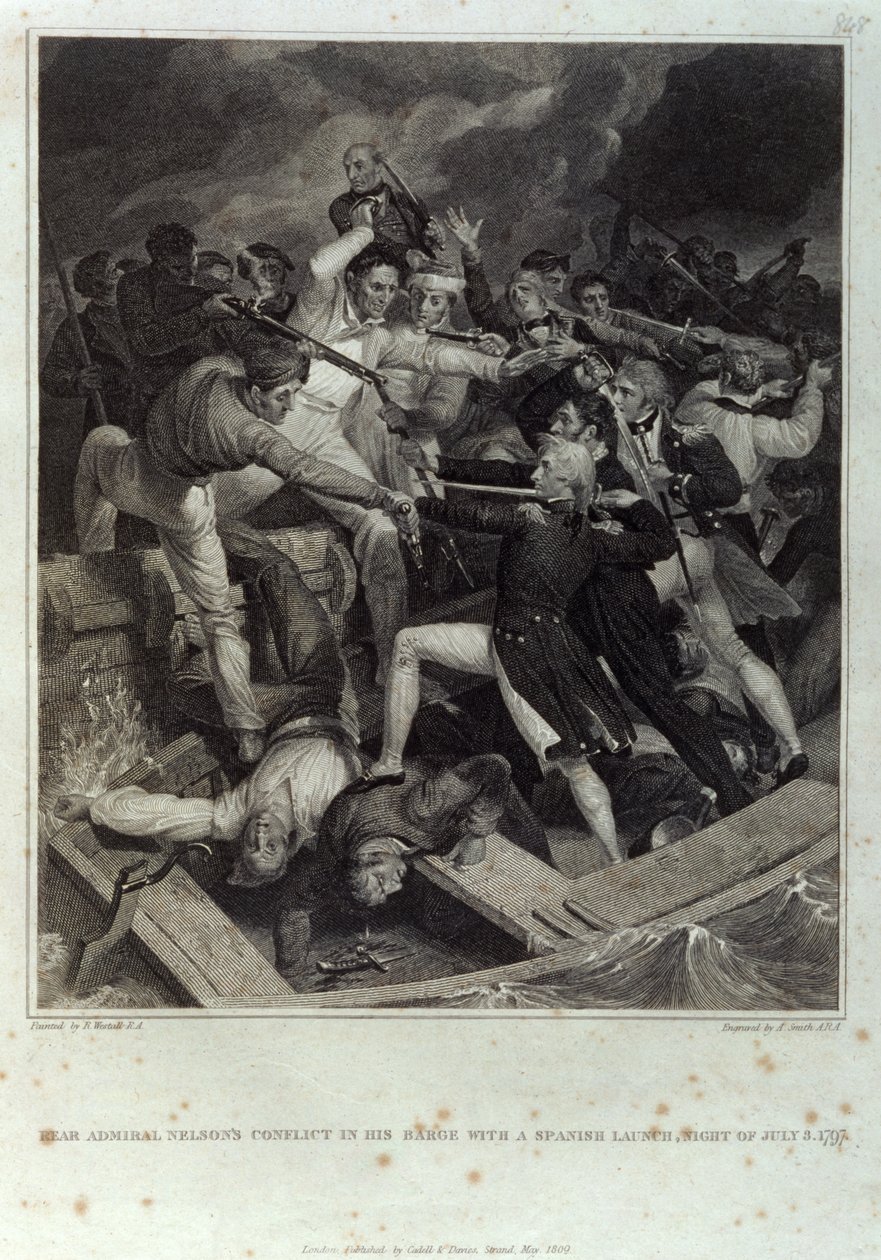 Conflit du contre-amiral Nelson dans sa barge avec une chaloupe espagnole, nuit du 3 juillet 1797, gravé par A. Smith, publié par Cadell & Davies, mai 1809 - Richard (after) Westall