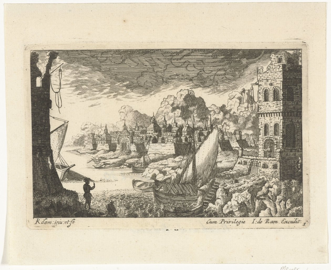 Vue de ville avec port de pêche et bateau accostant (Vues de villes et ports) - Richard Adam