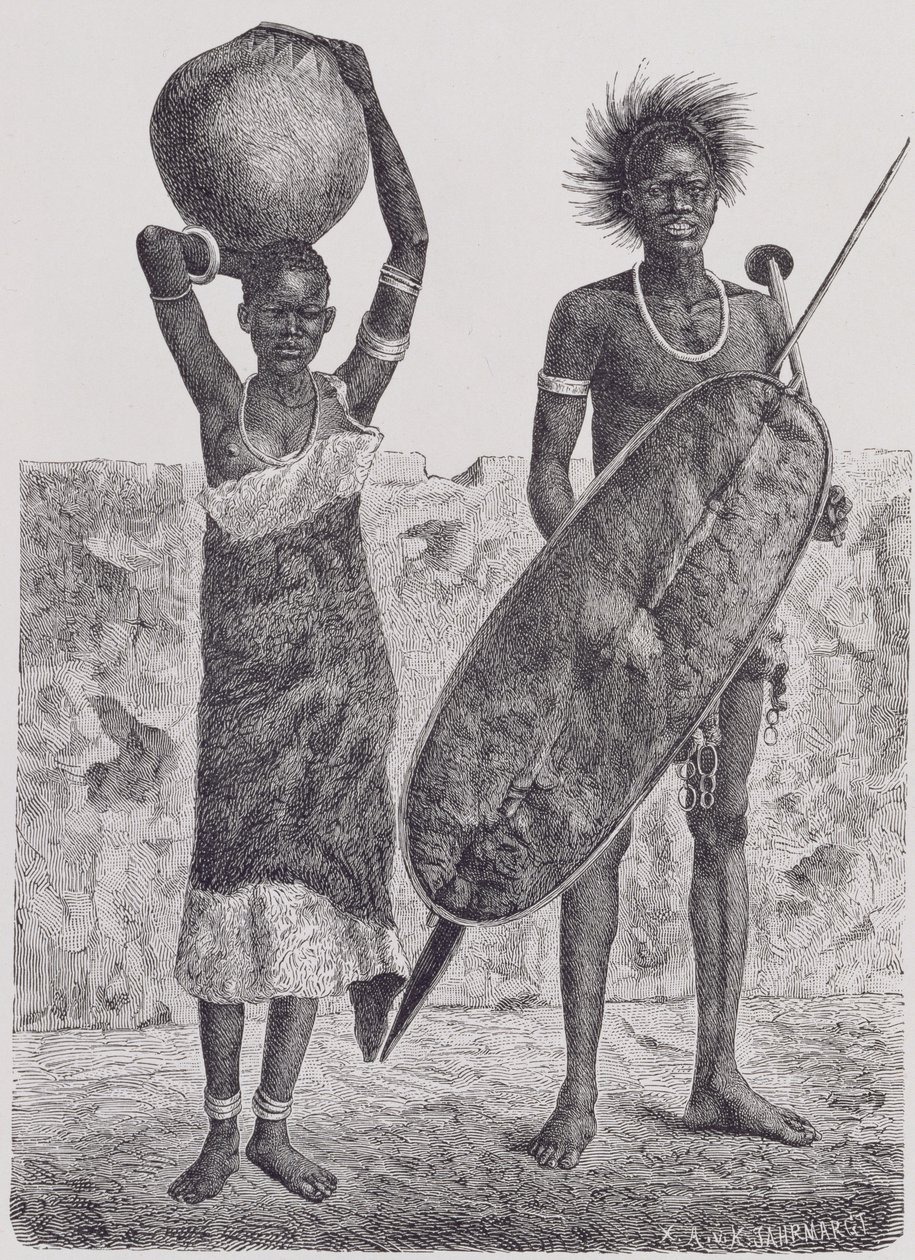 Guerrier Shillook et fille, gravé par Jahrmargt, tiré de 