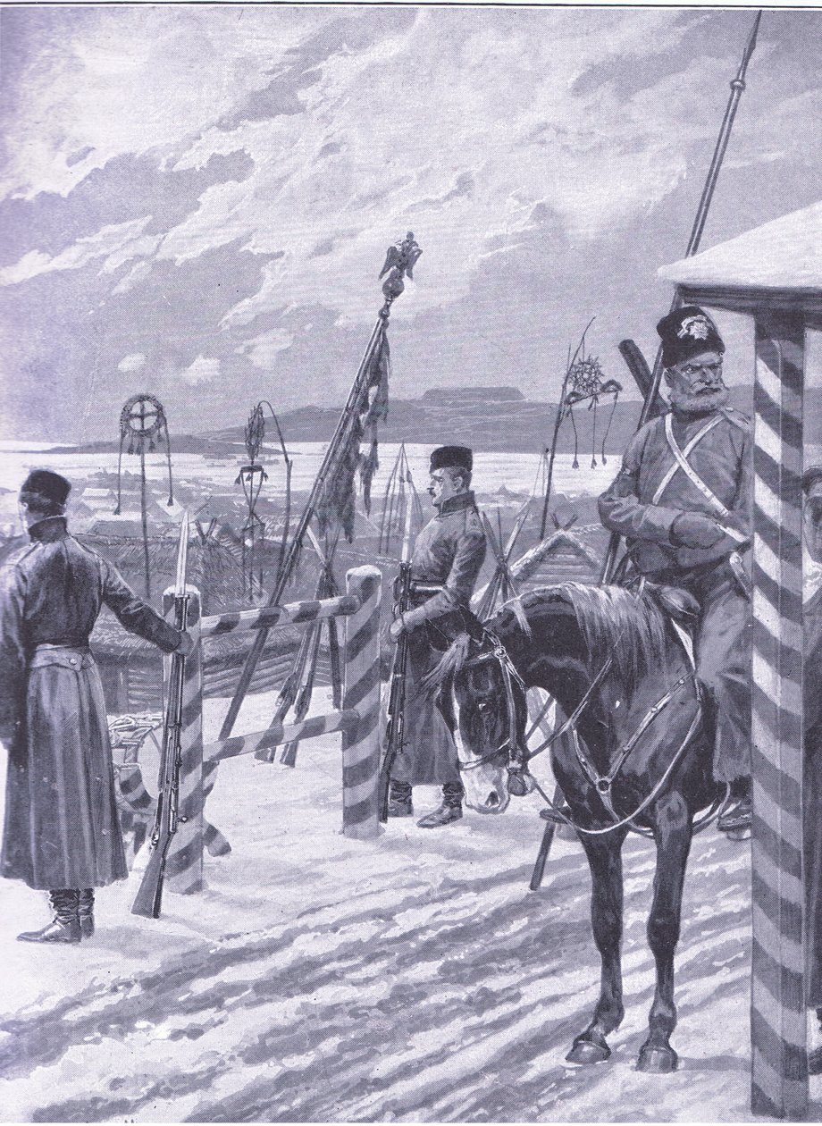 Une station cosaque en Mandchourie avec des signes tribaux sur les huttes des hommes, illustration de l