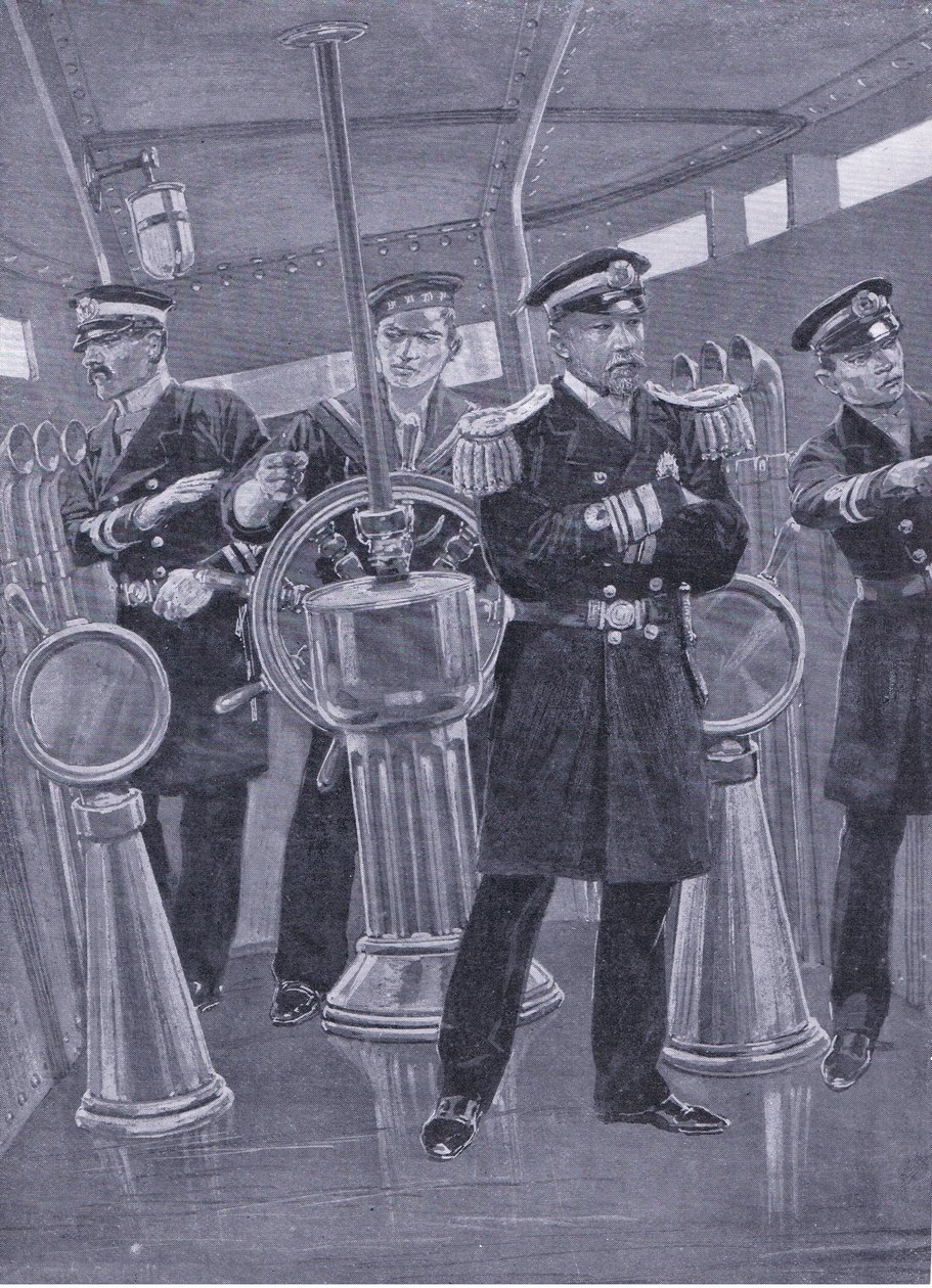 Amiral Togo dans la tour de commandement de son navire amiral, dirigeant une action navale, illustration de l
