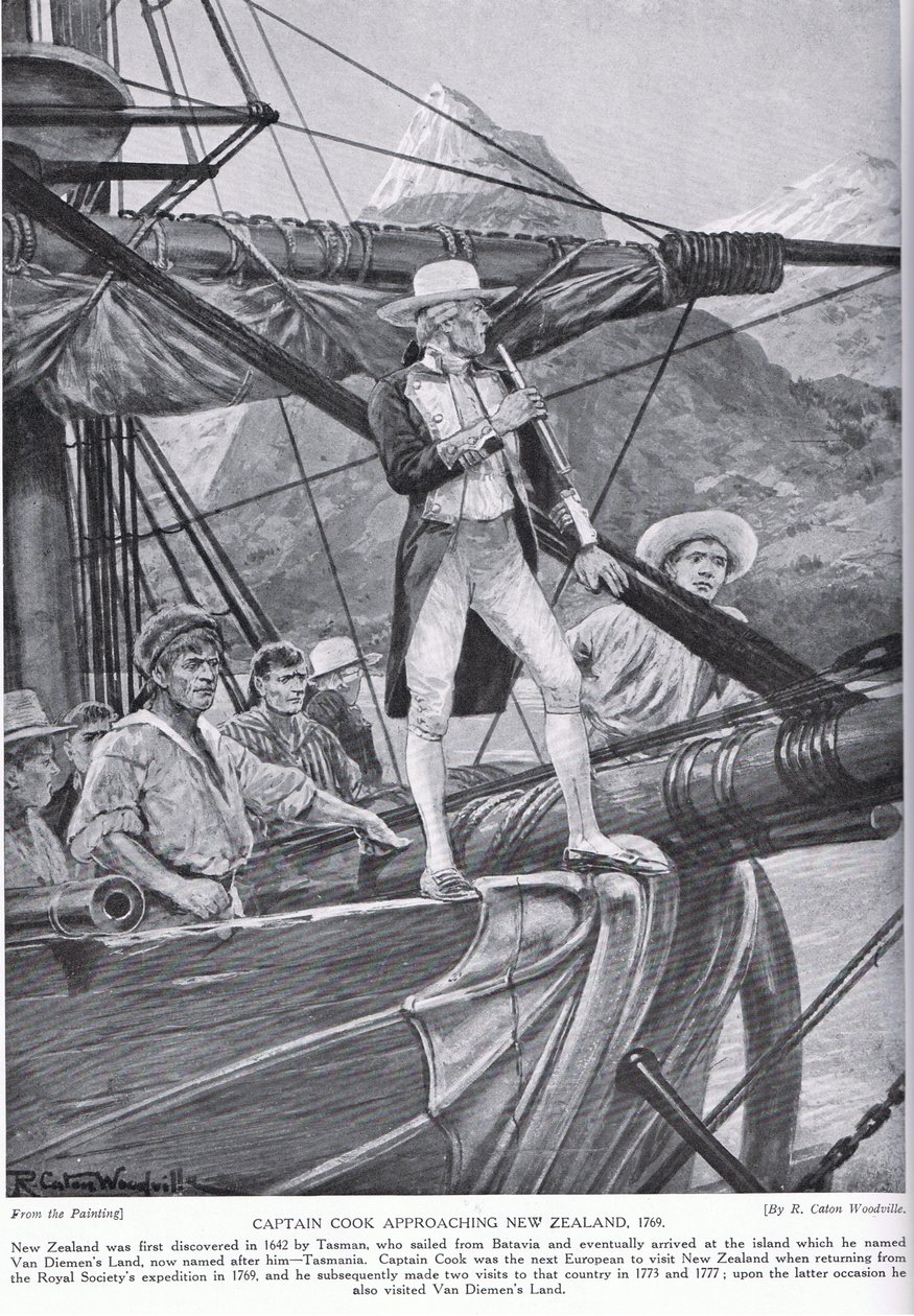 Le capitaine Cook approchant de la Nouvelle-Zélande, illustration de 