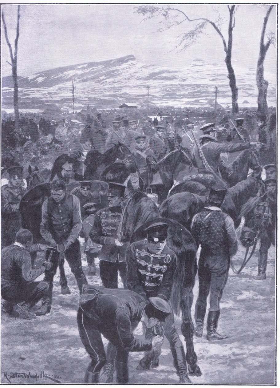 Campement de cavalerie japonaise à Séoul : Maréchaux-ferrants au travail, illustration de l