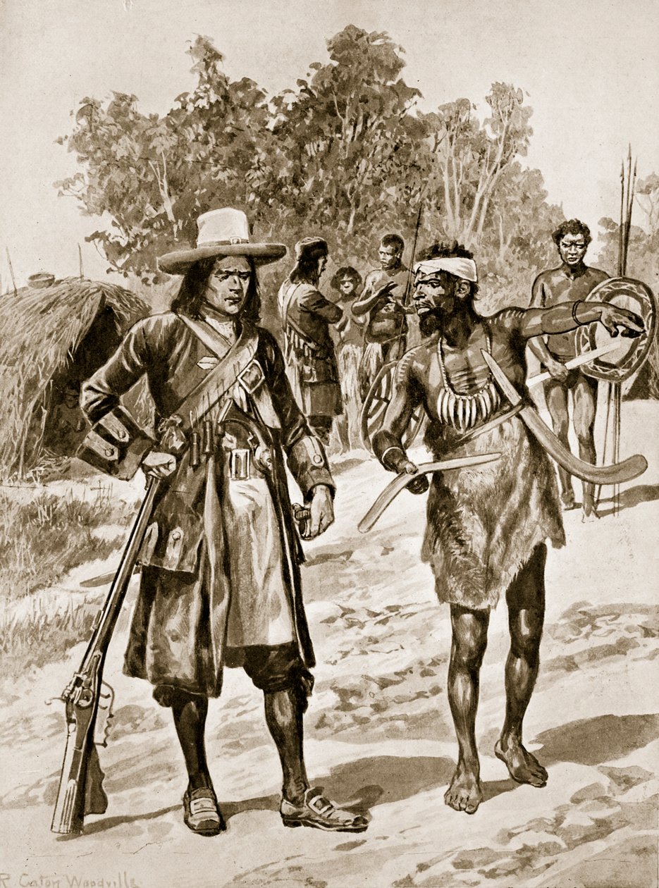 Dampier examinant un boomerang en Australie, illustration de 
