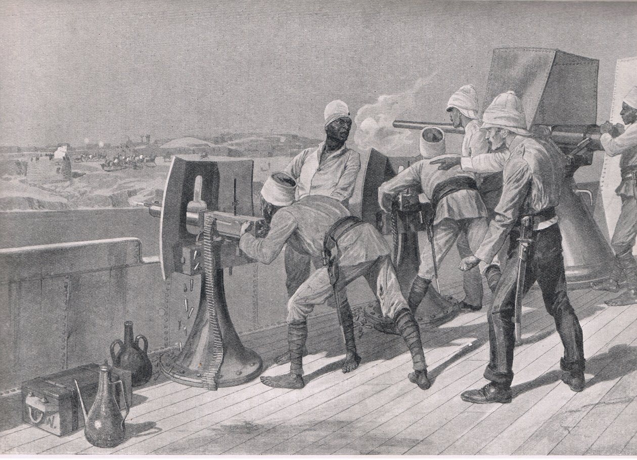 En route vers le Nil : Tir sur les Derviches, illustration de British Battles on Land and Sea, 1915 - Richard Caton Woodville junior