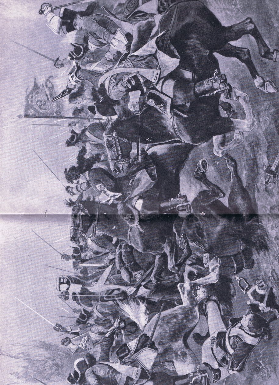 Le conflit de cavalerie à la bataille de Ramillies, 3 mai 1706, illustration de British Battles on Land and Sea, 1915 - Richard Caton Woodville junior
