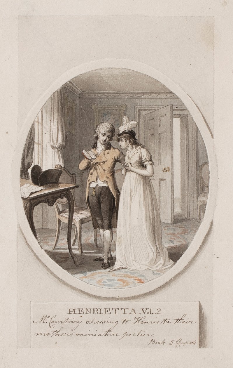 M. Courtney montrant à Henrietta le portrait miniature de leur mère, Livre 5 Chapitre 4, illustration pour une édition de 1798 de 