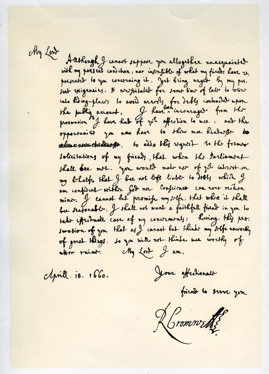Lettre de Richard Cromwell, Lord Protecteur, au général George Monck, 18 avril 1660 - Richard Cromwell