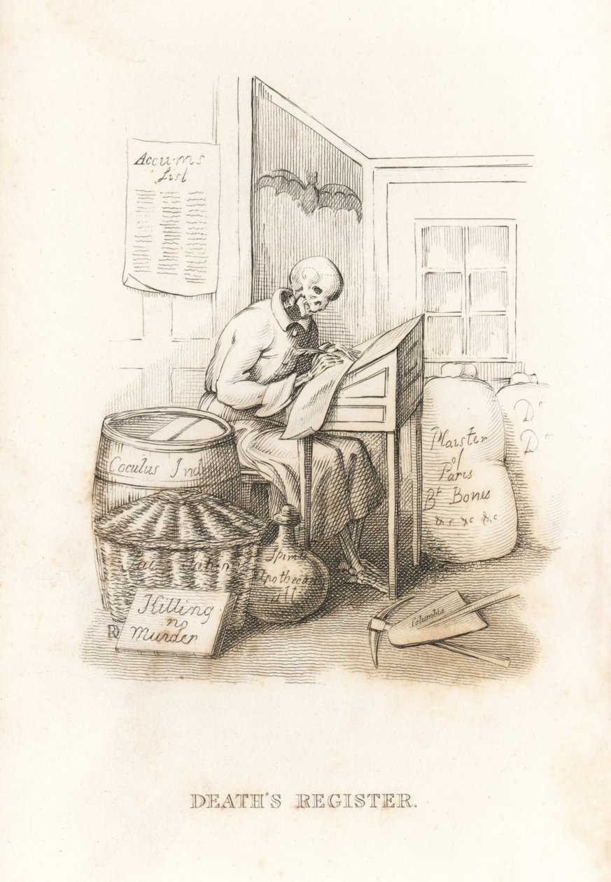 Le squelette de la Mort et son registre, 1827 (gravure) - Richard Dagley