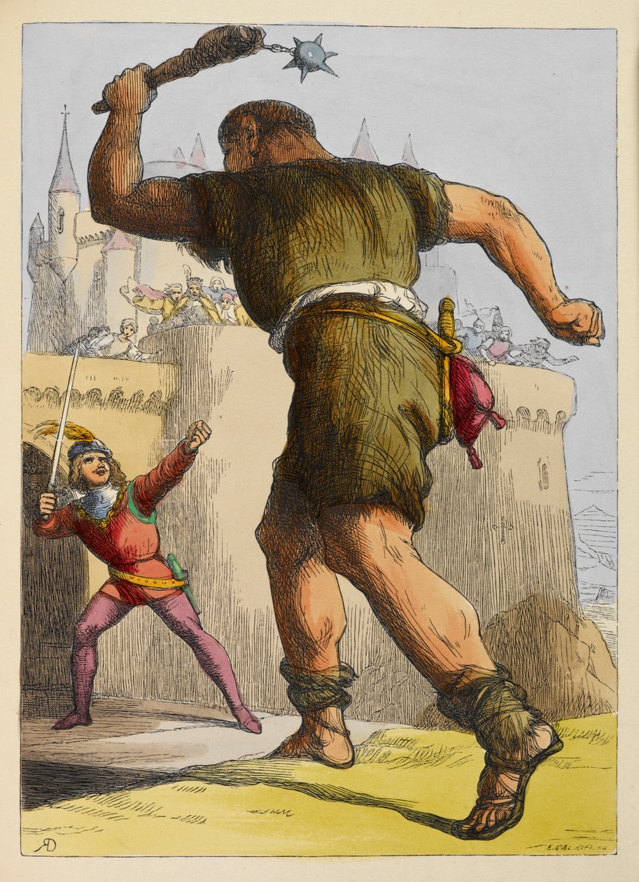 Jack prêt à combattre un géant devant un château. Illustration en couleur dans un livre pour enfants - Richard Doyle