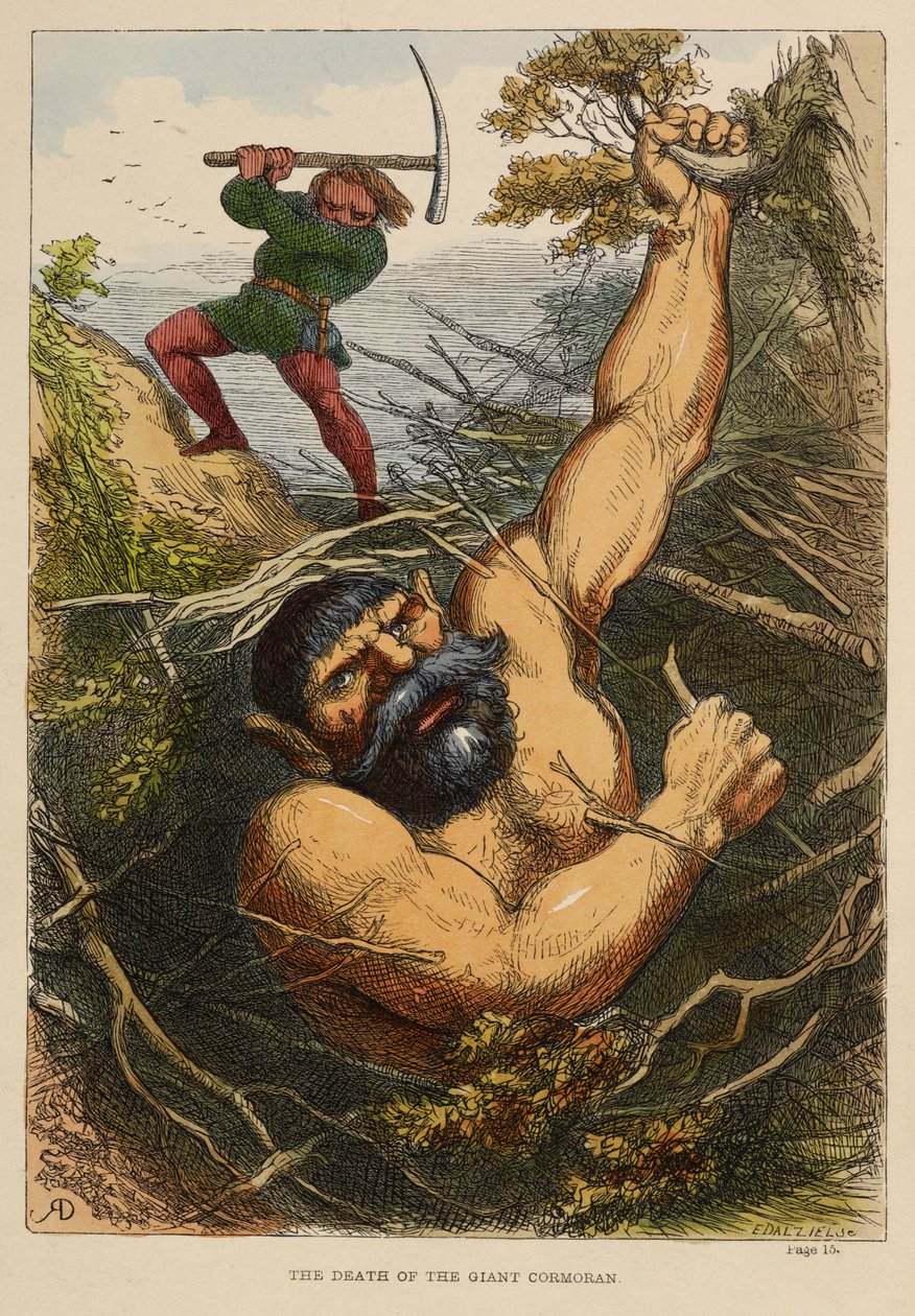 La mort du géant Cormoran. Selon la légende, ce géant, nommé Cormoran, vivait sur le Mont Saint-Michel, Cornouailles. Illustration en couleur dans un livre pour enfants. - Richard Doyle