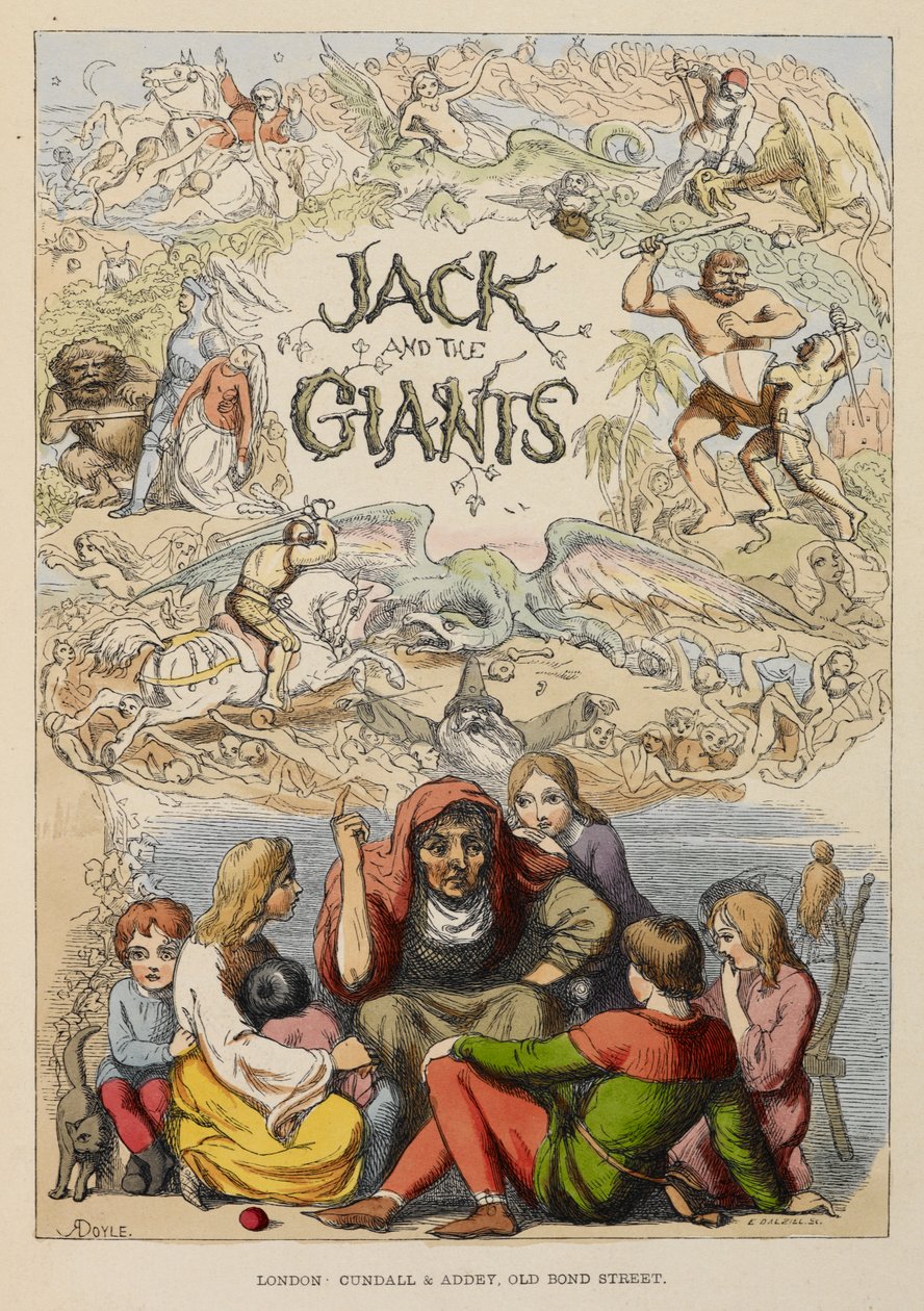 Page de titre illustrée montrant une vieille personne racontant des histoires à des enfants. - Richard Doyle