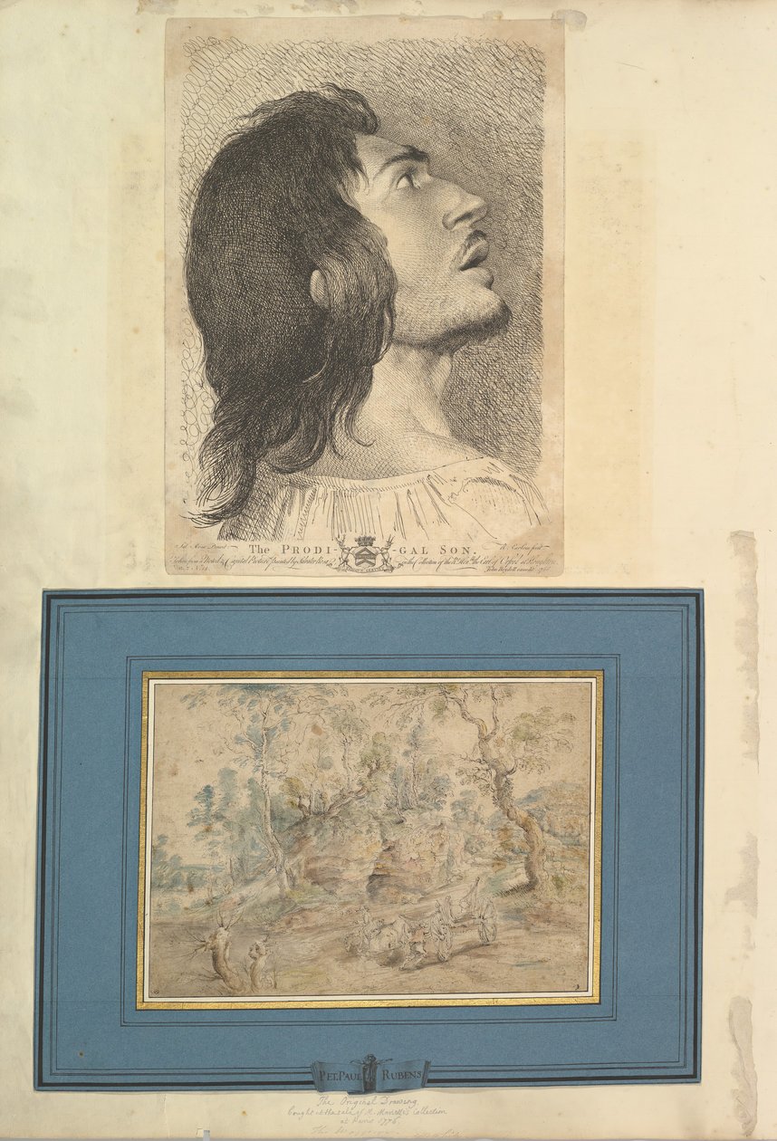 Feuille de Aedes Walpolianae montée avec une gravure et un dessin : Tête de profil..., 1620-1766 - Richard Earlom