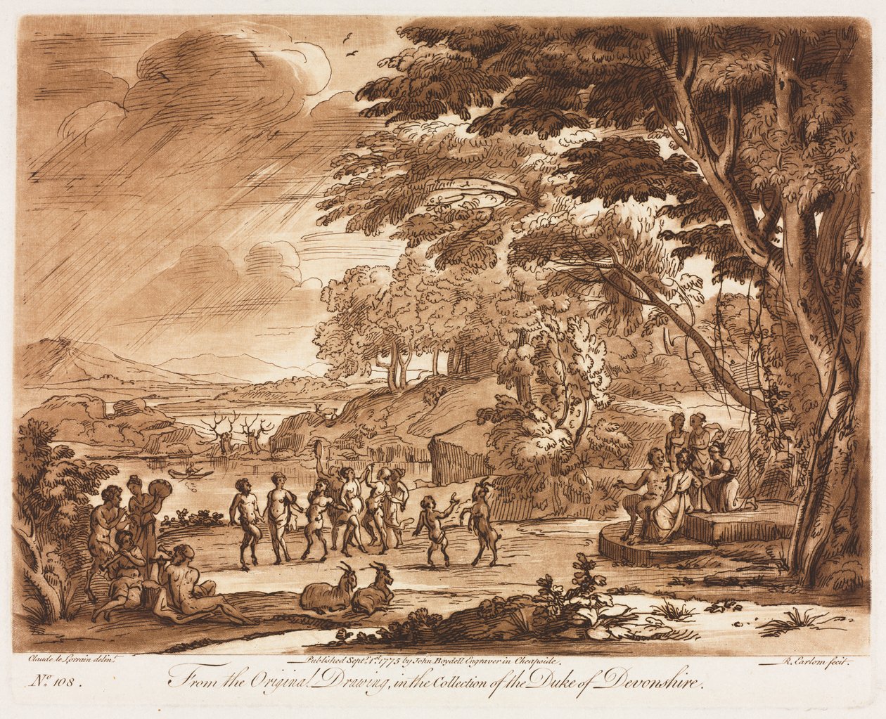 Liber Veritatis : No. 108, Paysage avec satyres et nymphes dansant - Richard Earlom